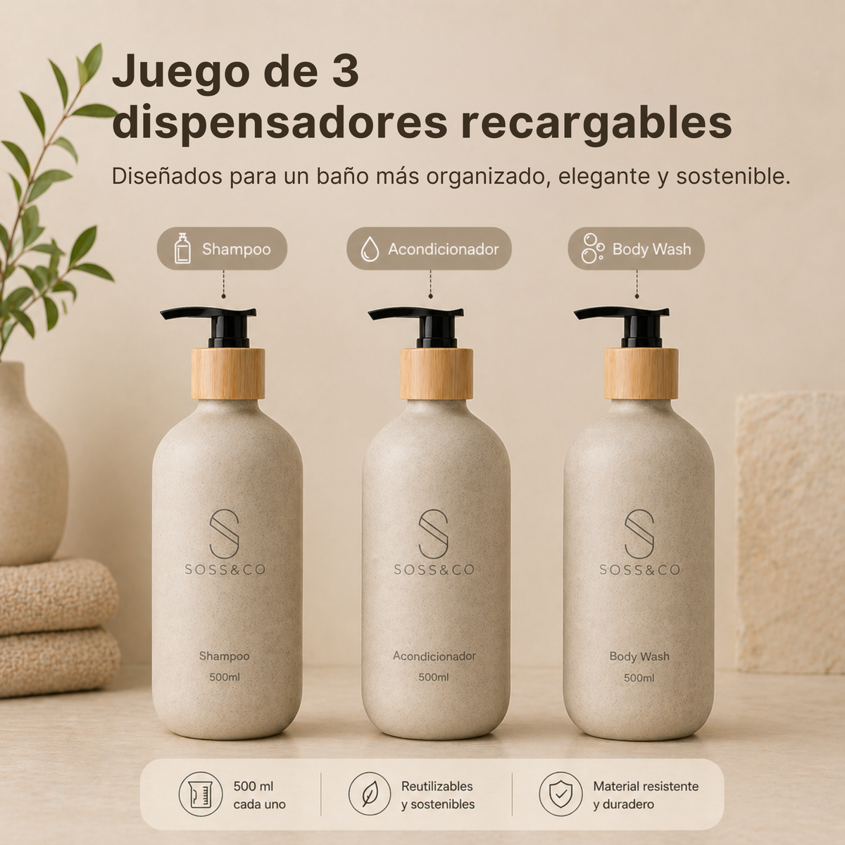 Set de 3 dispensadores recargables 500 ml con paja de trigo – Beige