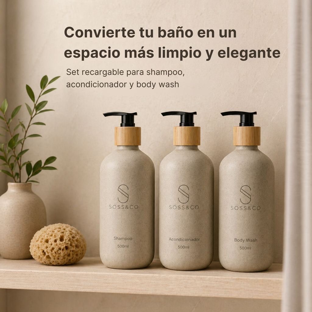 Set de 3 dispensadores recargables 500 ml con paja de trigo – Beige