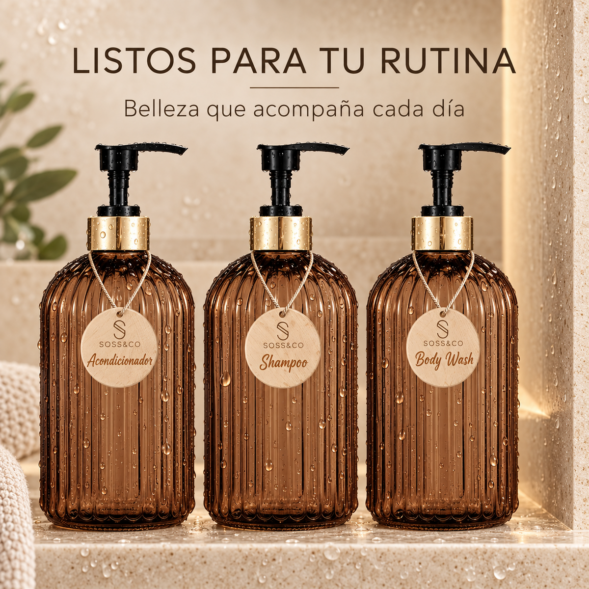 Set de dispensadores ámbar listo para la rutina diaria