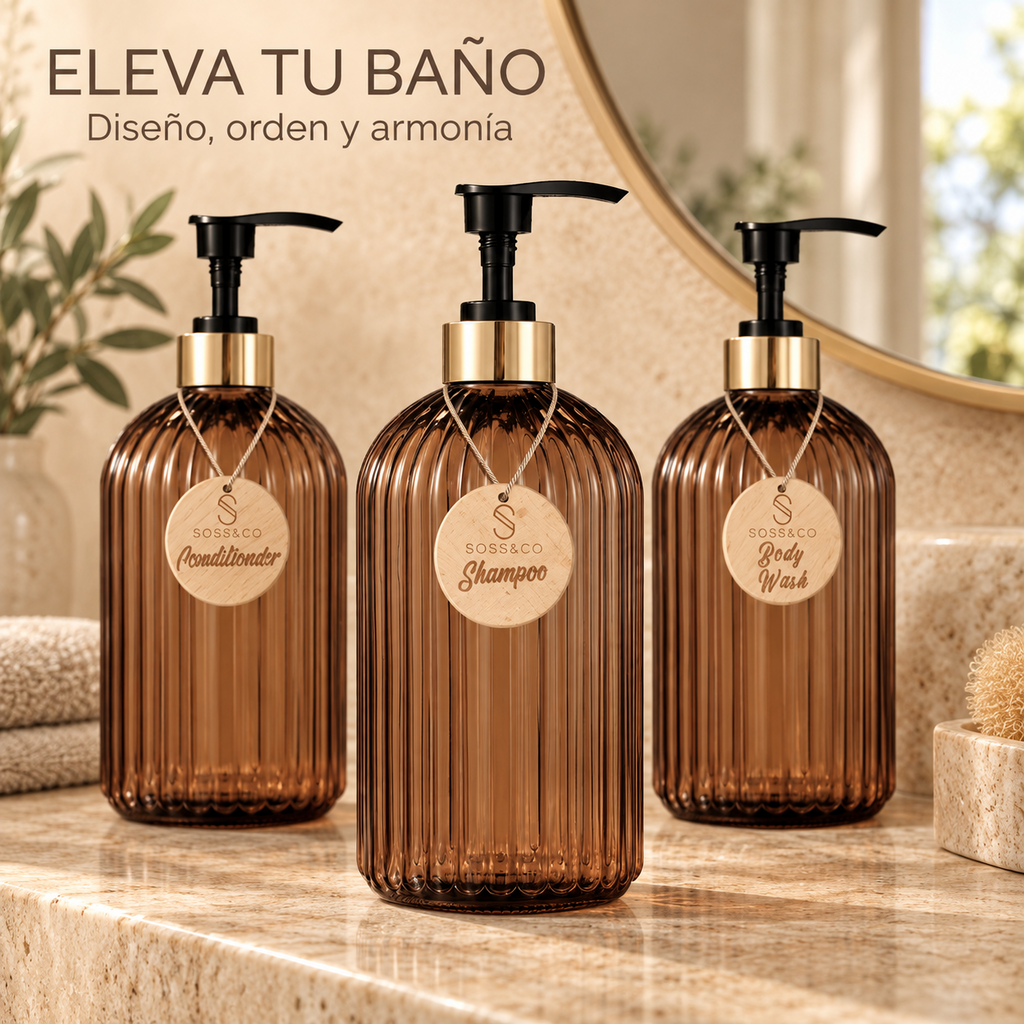 Set de dispensadores ámbar para organizar el baño