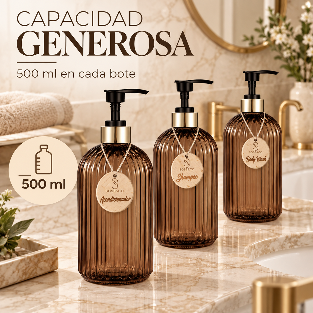 Capacidad de 500 ml por dispensador ámbar