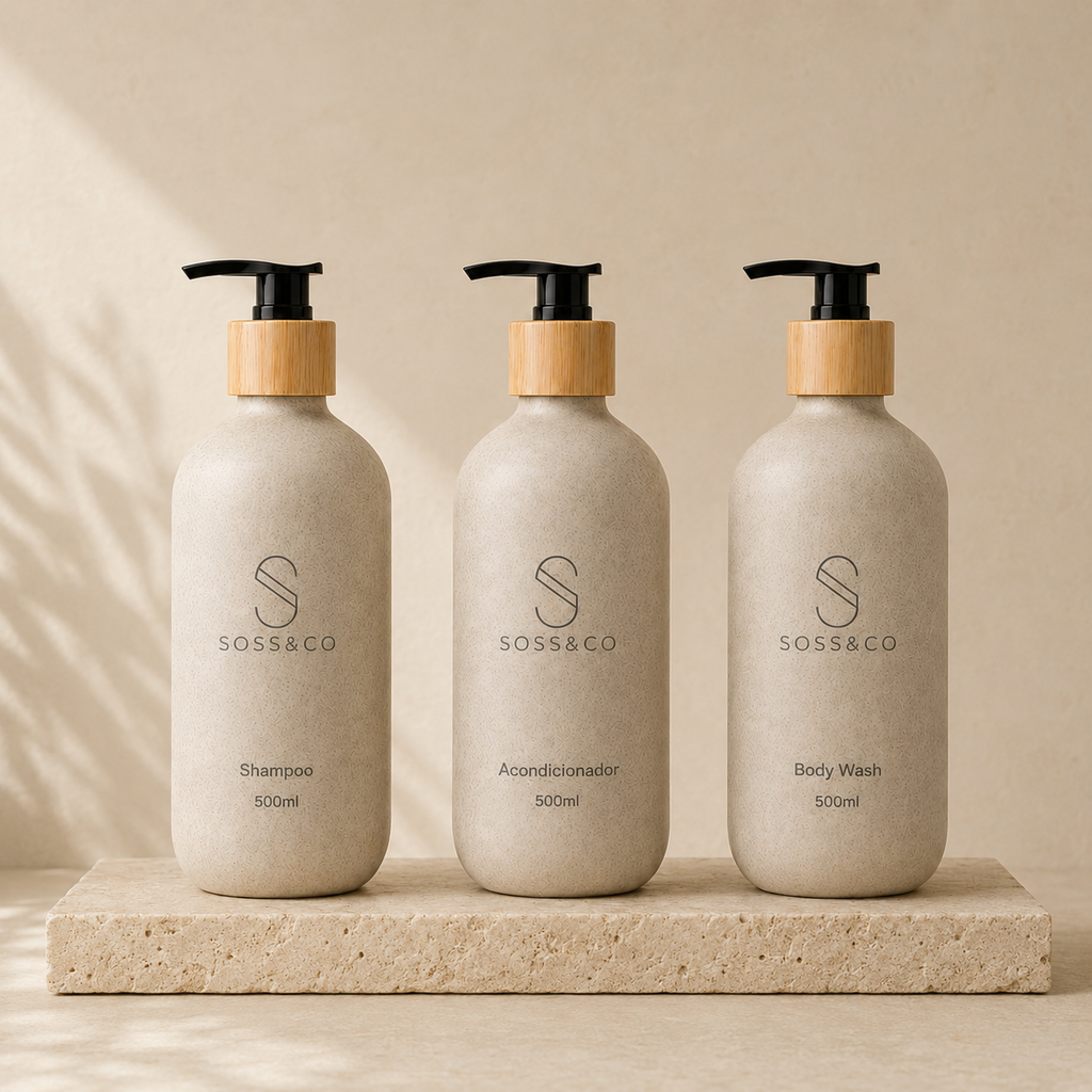 Set de 3 dispensadores recargables 500 ml con paja de trigo – Beige