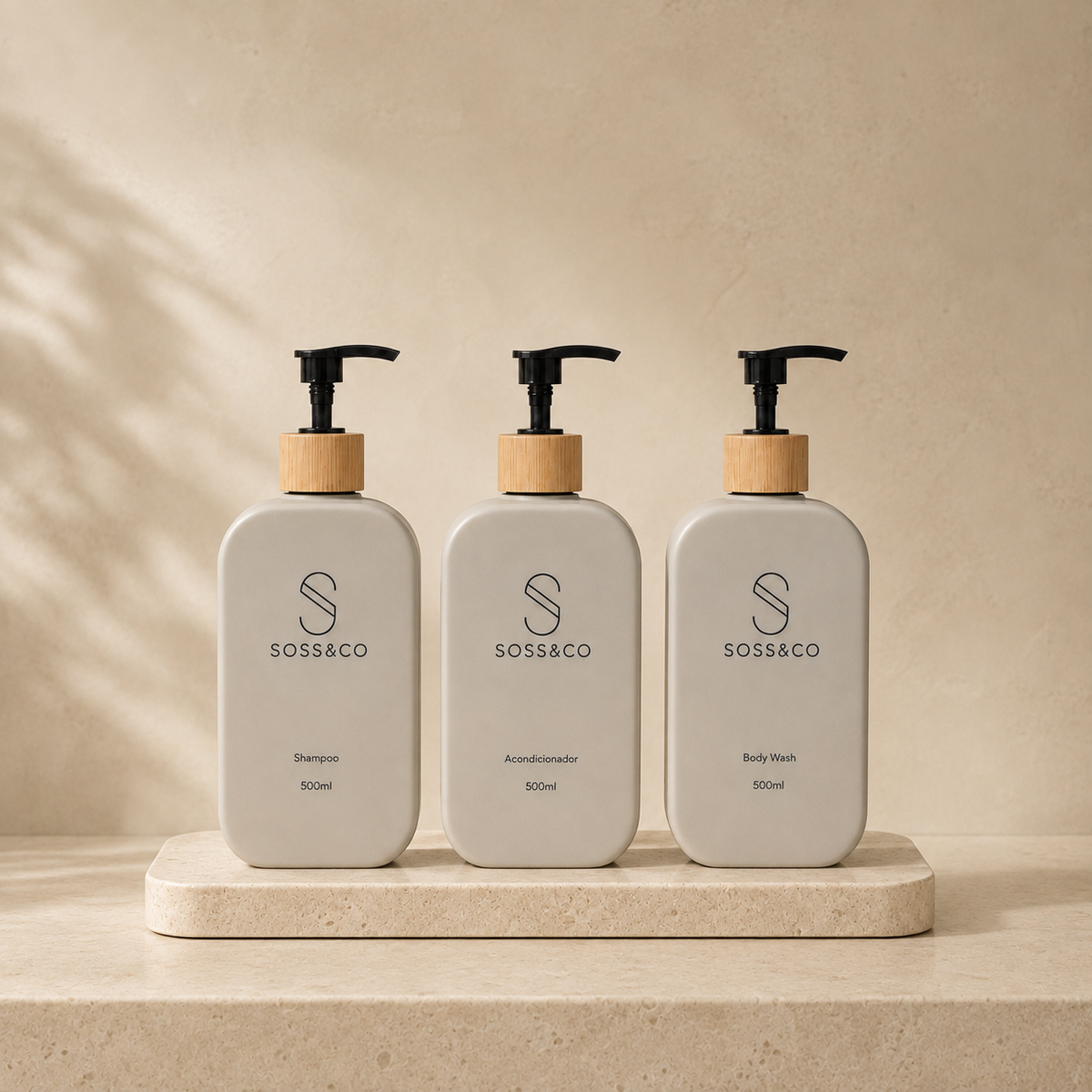 Set de 3 dispensadores recargables 500 ml – Diseño cuadrado beige