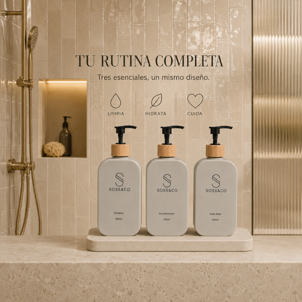 Set de 3 dispensadores recargables 500 ml – Diseño cuadrado beige