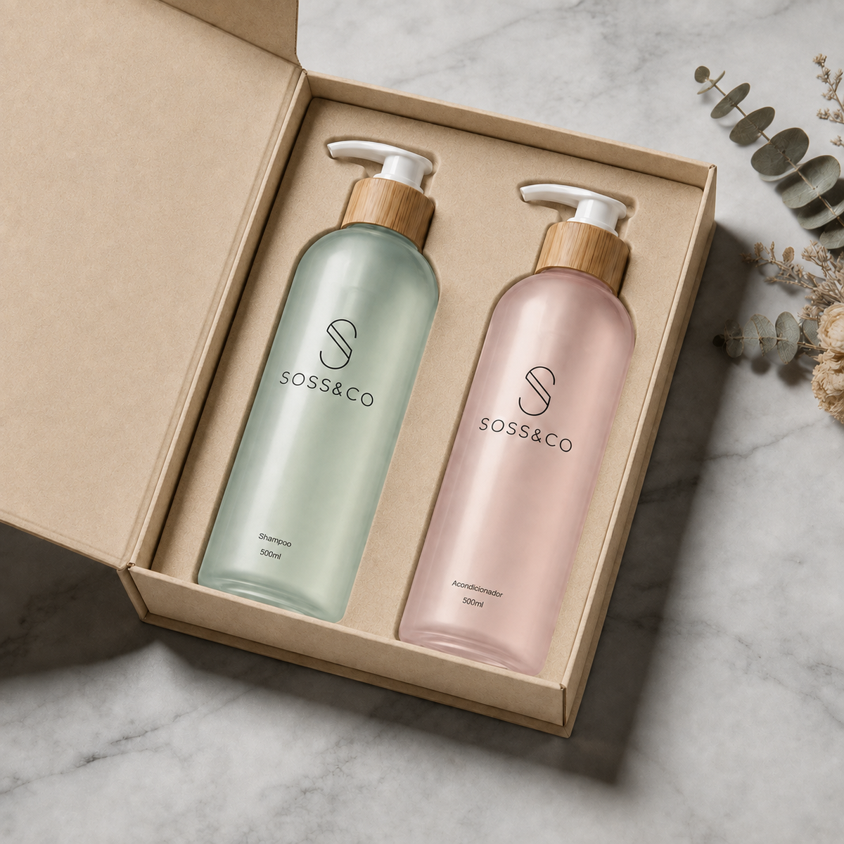 Set de 2 dispensadores de cristal recargables 500 ml – Shampoo y Acondicionador