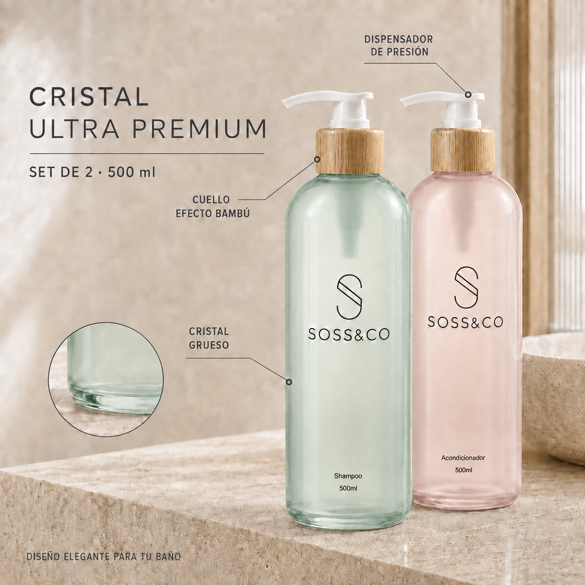 Set de 2 dispensadores de cristal recargables 500 ml – Shampoo y Acondicionador