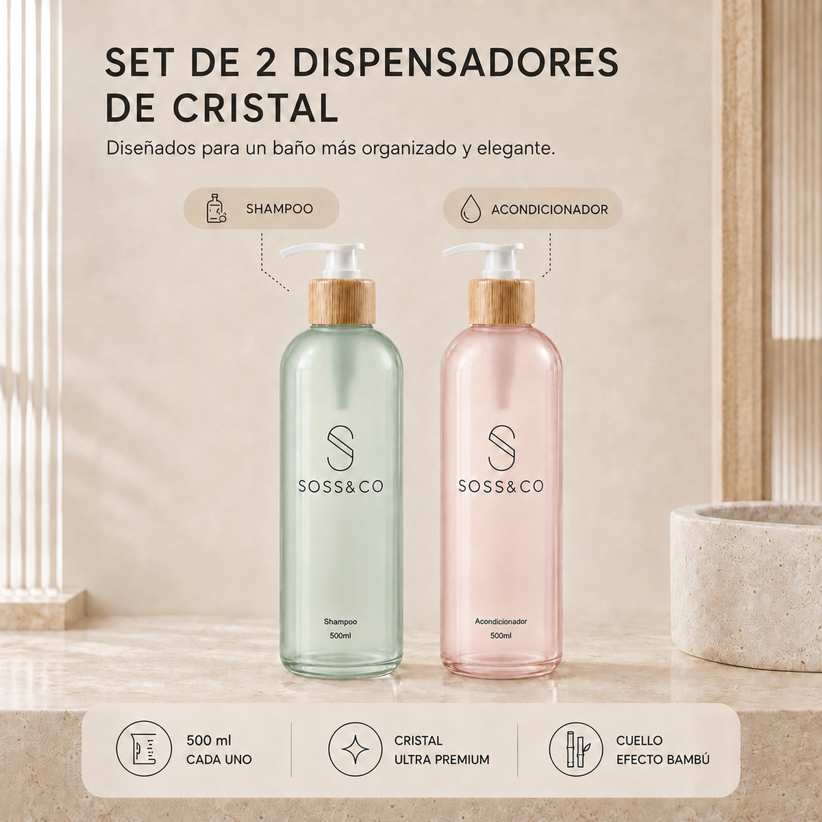 Set de 2 dispensadores de cristal recargables 500 ml – Shampoo y Acondicionador