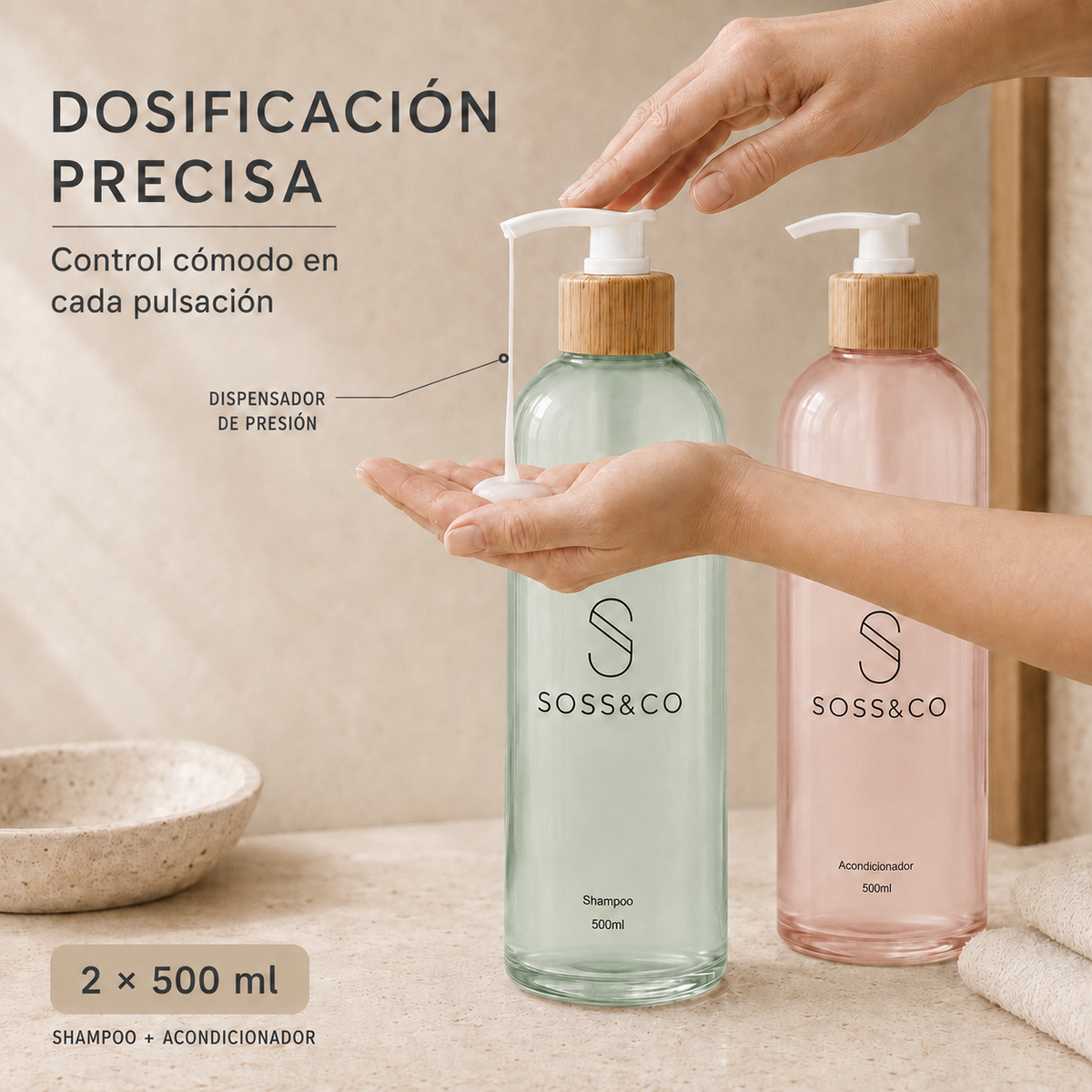 Set de 2 dispensadores de cristal recargables 500 ml – Shampoo y Acondicionador