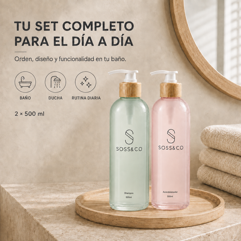 Set de 2 dispensadores de cristal recargables 500 ml – Shampoo y Acondicionador