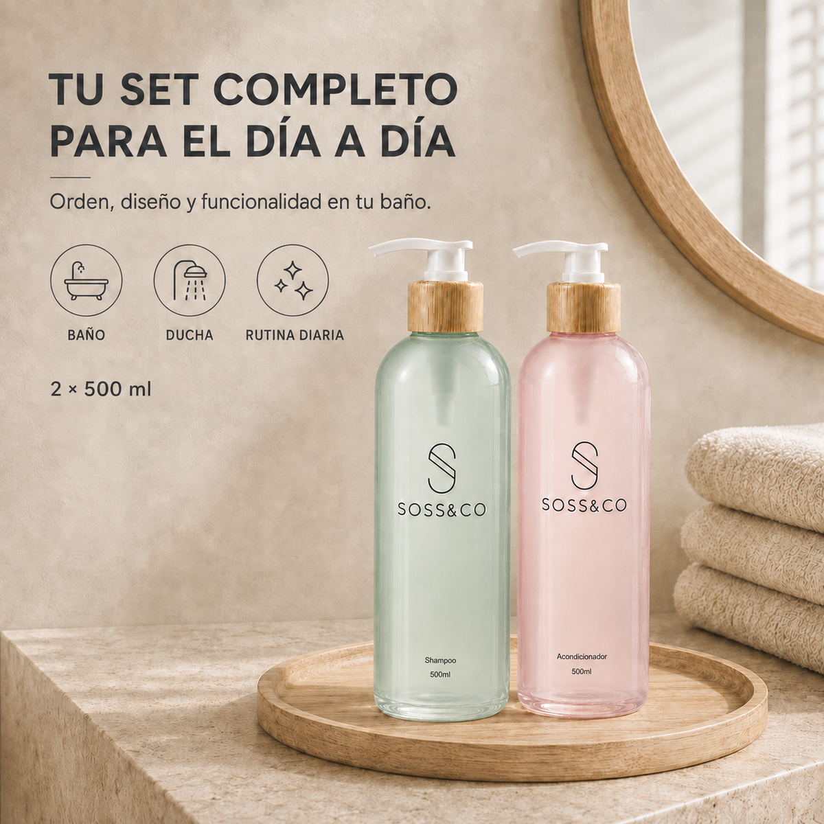 Set de 2 dispensadores de cristal recargables 500 ml – Shampoo y Acondicionador