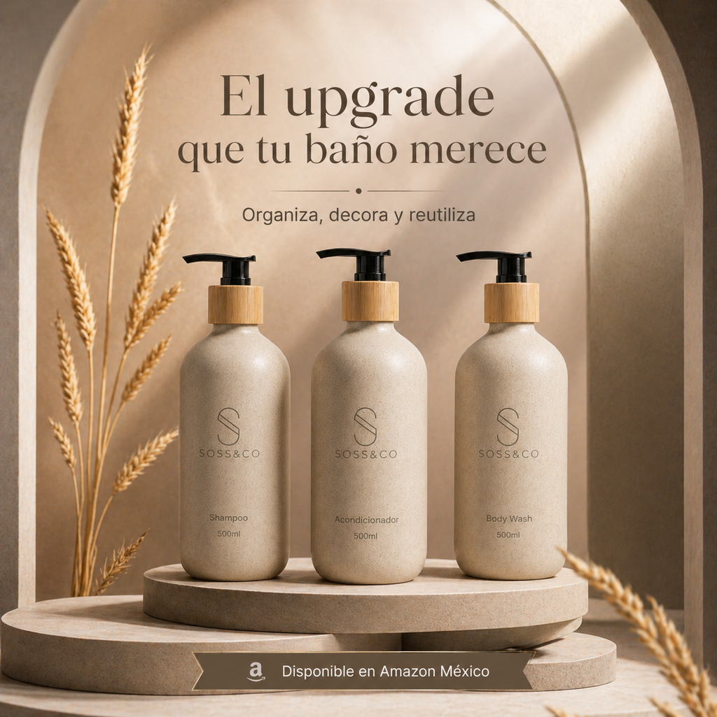 Set de 3 dispensadores recargables 500 ml con paja de trigo – Beige