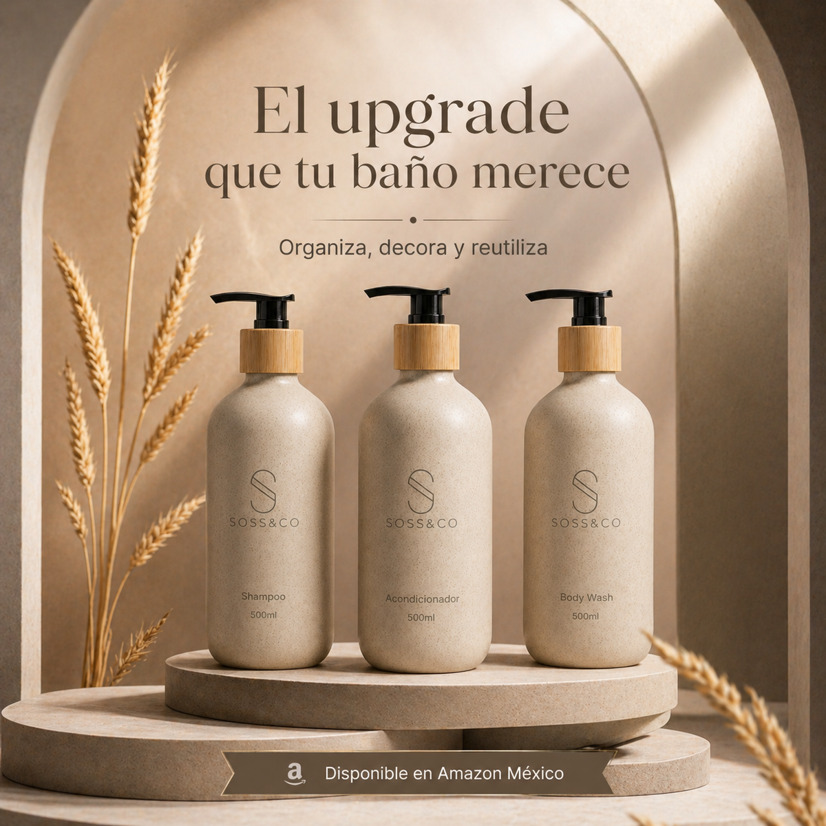 Set de 3 dispensadores recargables 500 ml con paja de trigo – Beige