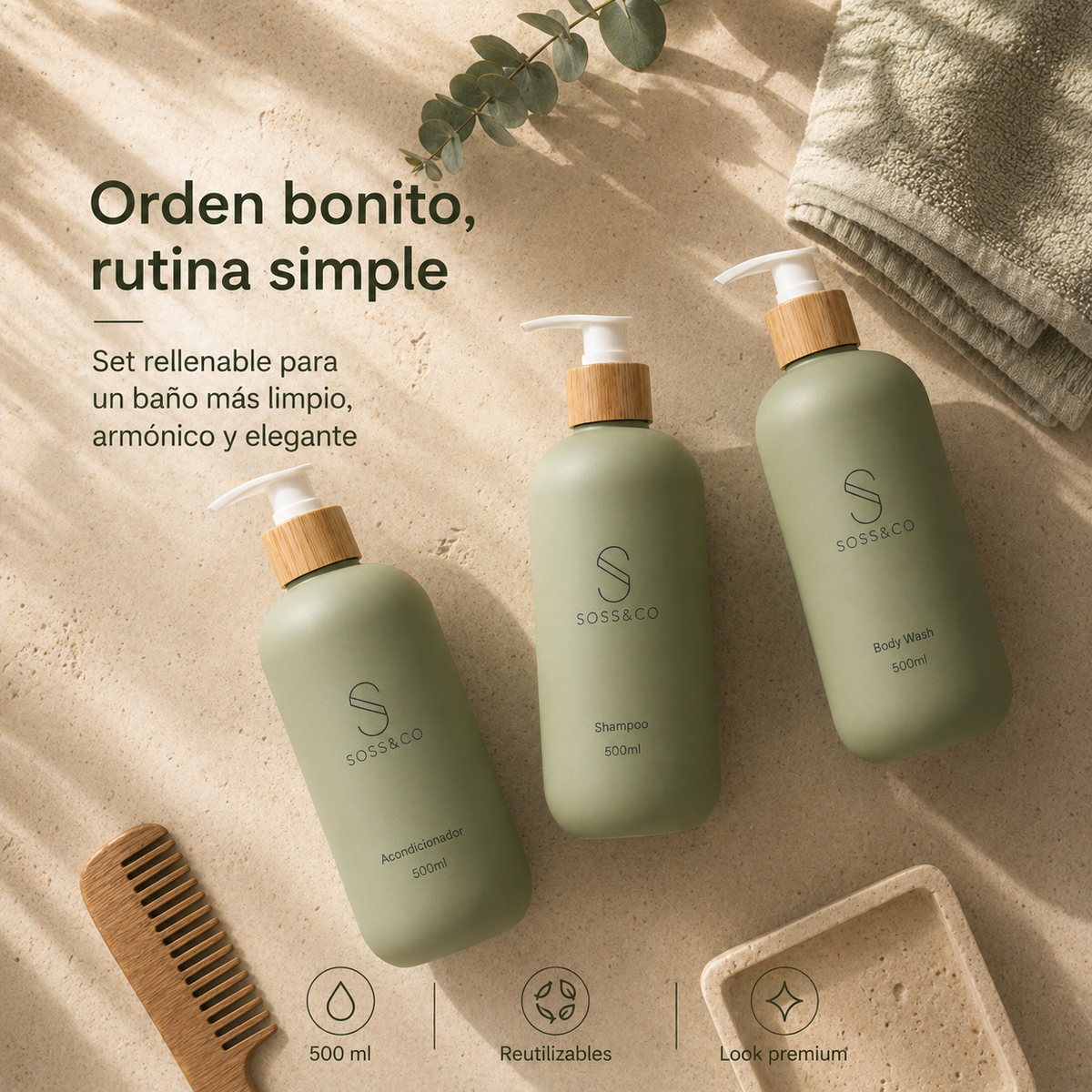 Set de 3 dispensadores recargables 500 ml – Verde aguacate