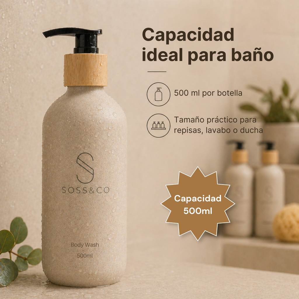 Set de 3 dispensadores recargables 500 ml con paja de trigo – Beige