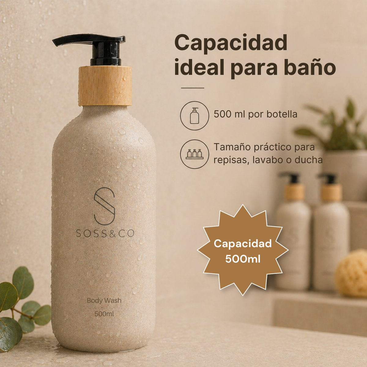 Set de 3 dispensadores recargables 500 ml con paja de trigo – Beige